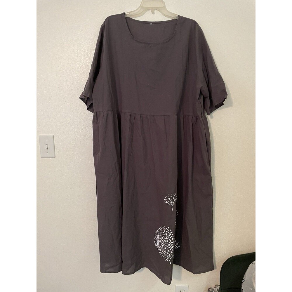 Women’s Plus 4XL Gray Floral Casual Dress Scoop Neck Pockets